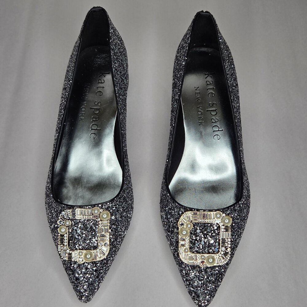 NWT Kate Spade Women's Buckle Up Glitter Flats Black Silver